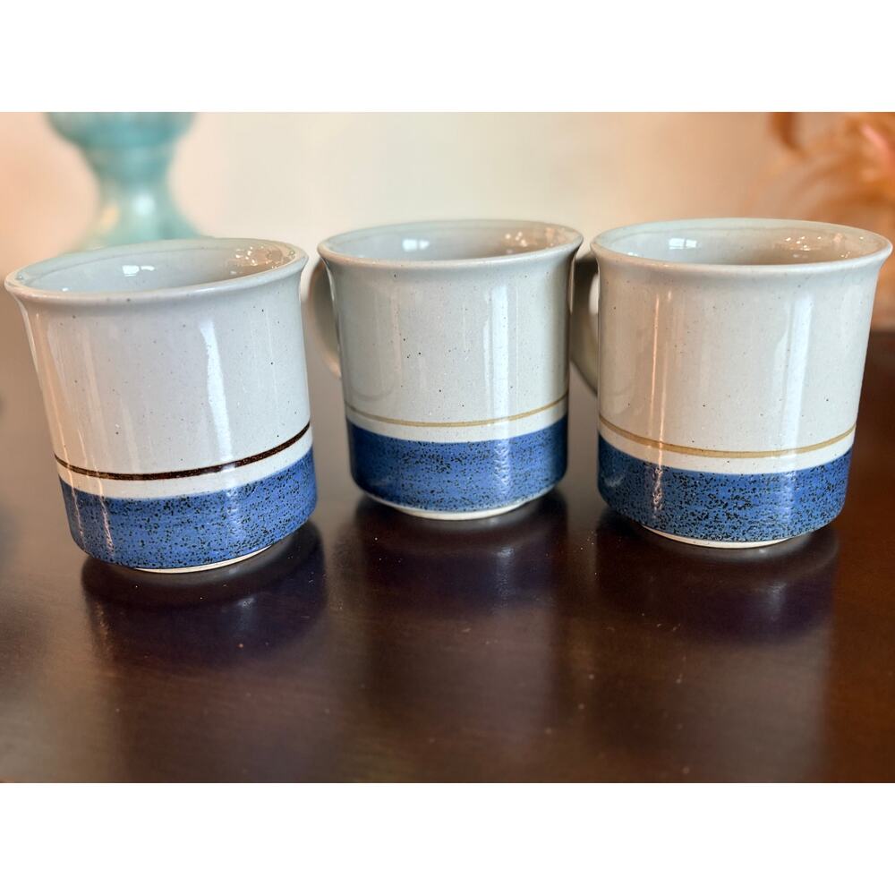 VTG Otagiri Mariner Japan Stoneware Mugs Set of 3 Blue Brown Speckled MCM